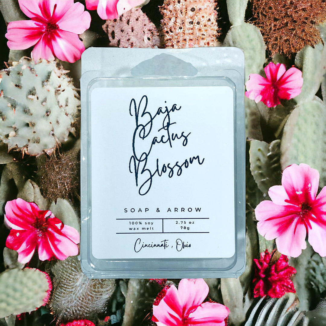 Baja Cactus Blossom soy wax melts in clamshell packaging, displayed with a close-up cactus blossom background.