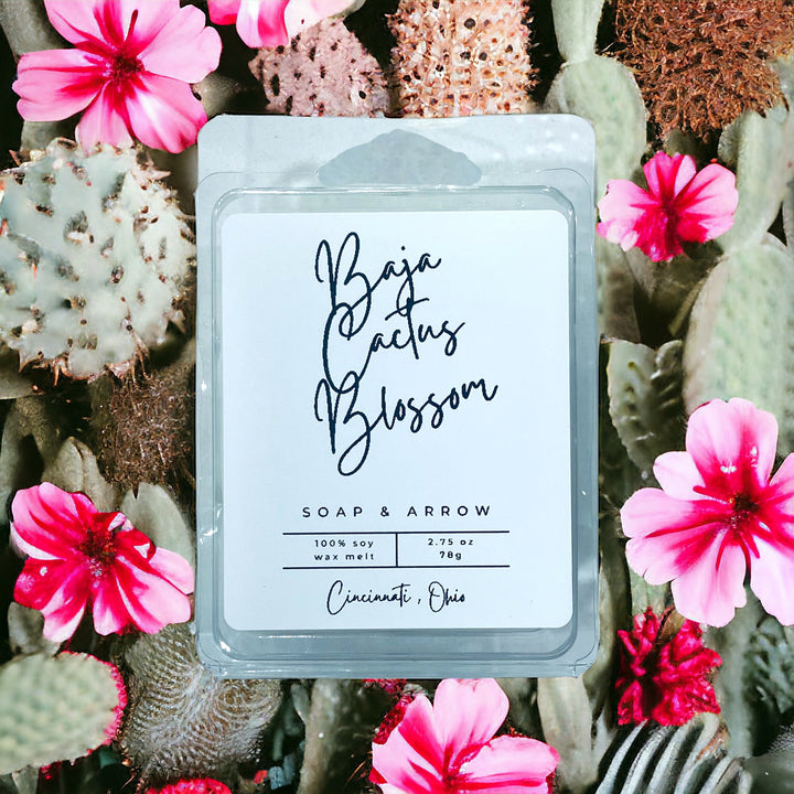 Baja Cactus Blossom soy wax melts in clamshell packaging, displayed with a close-up cactus blossom background.
