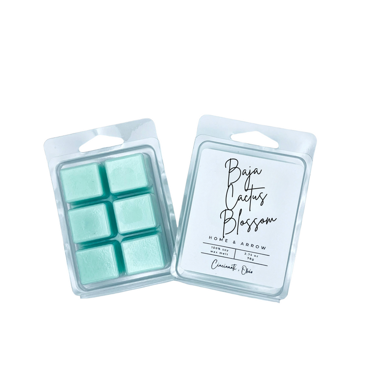 Baja Cactus Blossom green soy wax melts in clamshell packaging on a white background from Home & Arrow based in Cincinnati, Ohio.