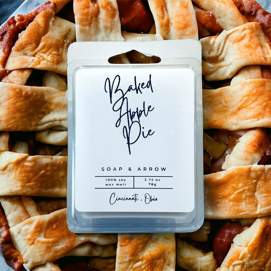 100% soy wax melts in clamshell packaging on a baked apple pie, for a cozy fall feel