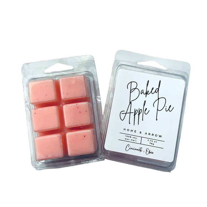 Baked Apple Pie red soy wax melts in clamshell packaging on a white background from Home & Arrow based in Cincinnati, Ohio.