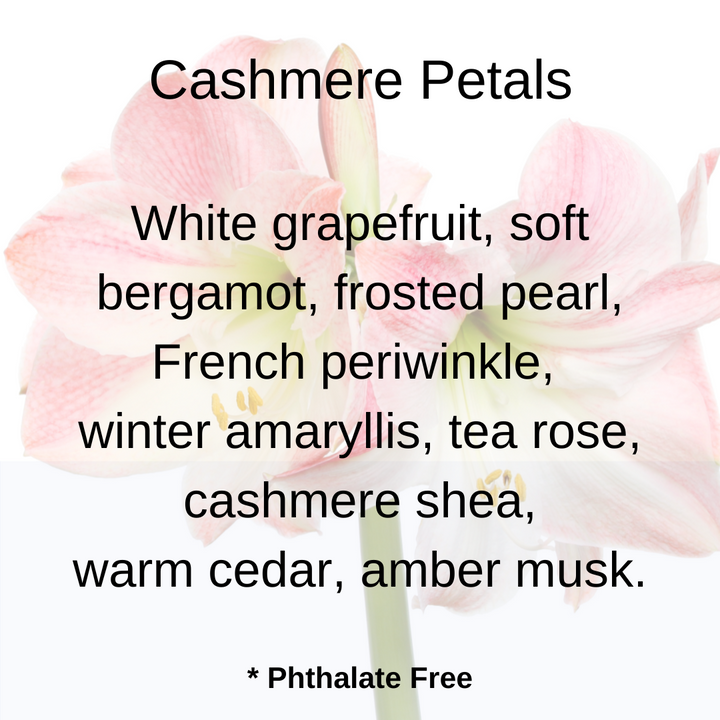 Cashmere Petals scent notes: a luxurious blend of white grapefruit and soft bergamot, layered with frosted pearl, French periwinkle, and winter amaryllis. Tea rose and cashmere shea harmonize over warm cedar and amber musk. Words layered over a pretty soft pink flower.
