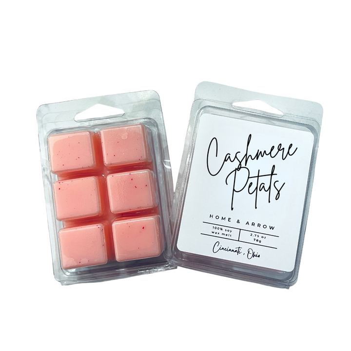 Cashmere Petals pink  soy wax melt in clamshell packaging on a white background from Home & Arrow based in Cincinnati Ohio.