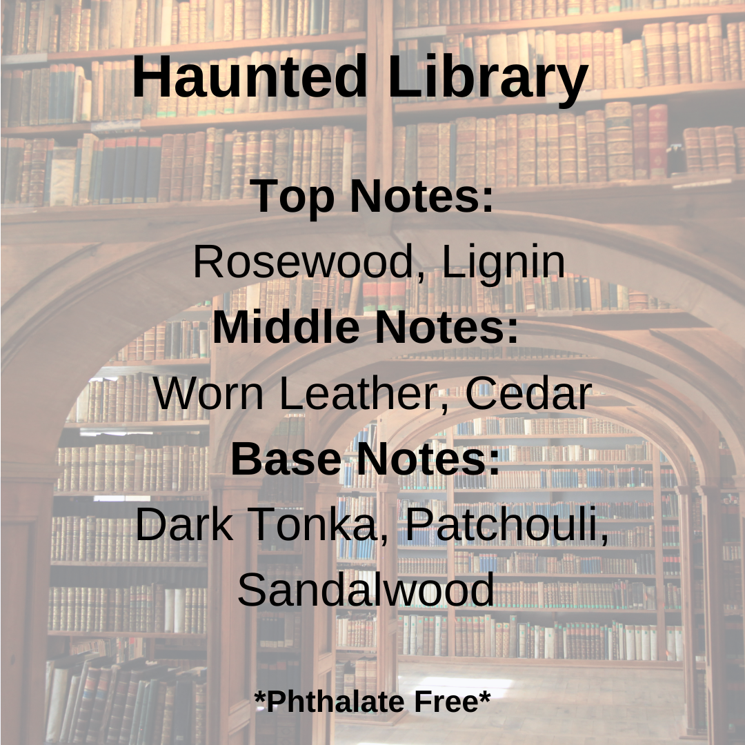 Library interior with text overlay about 'Haunted Library' fragrance description