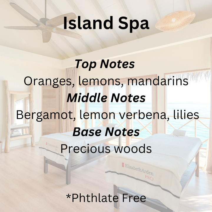 Spa interior with text detailing fragrance notes and 'Phthlate Free' label.