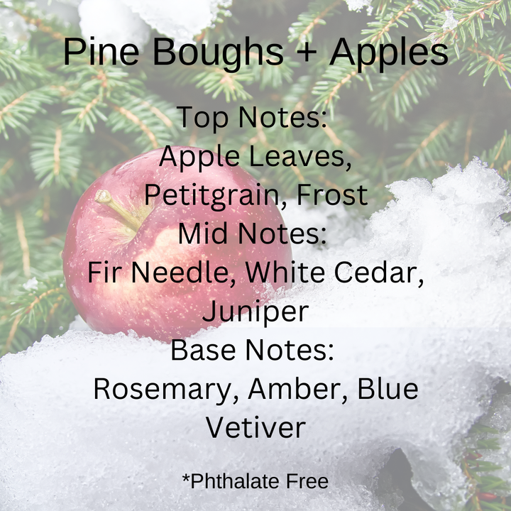 Pine Boughs + Apples scent notes: Apple leaves, petitgrain, frost, fir, white cedar, juniper, rosemary, amber and blue vetiver with an apple in the snow on a pine tree in the background.