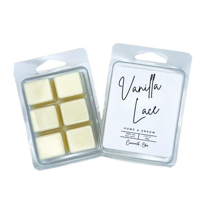 Vanilla Lace white soy wax melt in clamshell packaging on a white background from Home & Arrow based in Cincinnati Ohio.