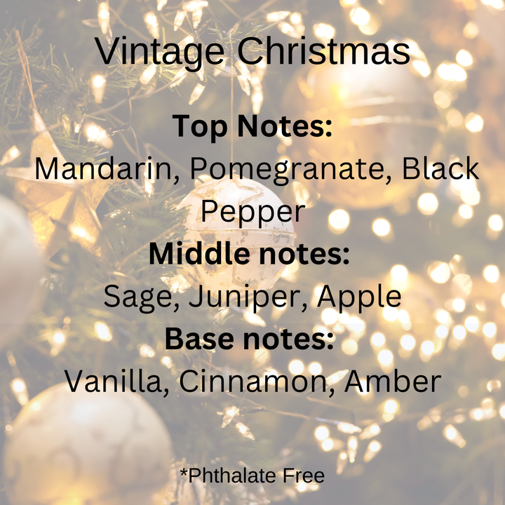 Vintage Christmas scent notes: Mandarin, pomegranate, black pepper, sage, juniper, apple, vanilla, cinnamon, amber over a golden lit christmas tree.
