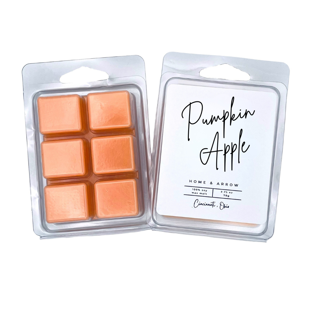 100% soy wax melts in a 6-slot package, orange color, fall fragrance, eco-friendly and long-lasting scent.