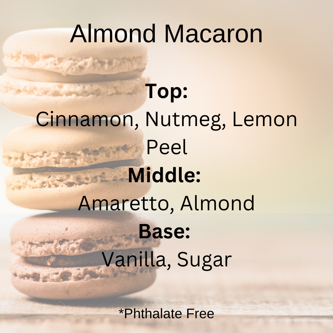 Almond Macaron scent notes: cinnamon, nutmeg, lemon peel, amaretto, almond, vanilla, sugar over 3 stacked macaron cookies.