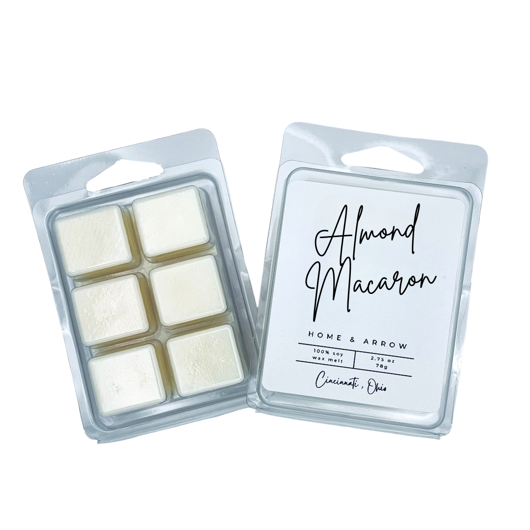 Almond Macaron white soy wax melt in clamshell packaging on a white background fron Home & Arrow based in Cincinnati Ohio.