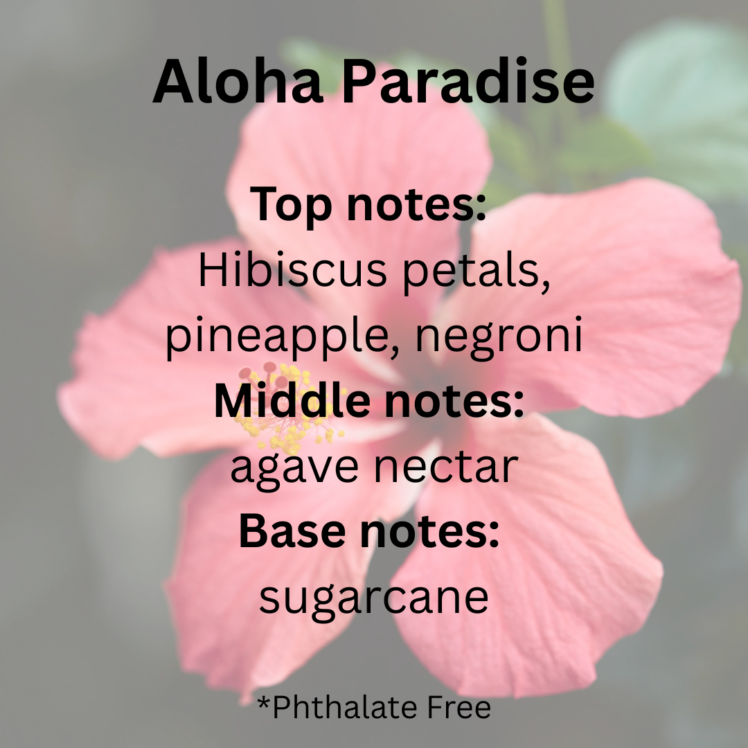 Pink hibiscus flower with fragrance notes text overlay on a blurred background