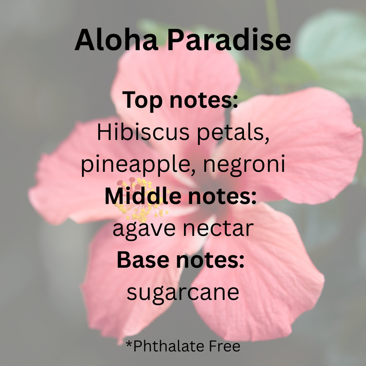 Pink hibiscus flower with fragrance notes text overlay on a blurred background