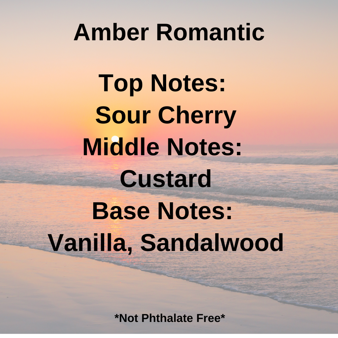 Amber Romantic scent notes: sour cherry, custard, vanilla, and sandalwood displayed over a sunset beach background