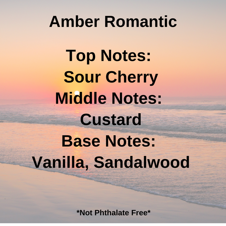 Amber Romantic scent notes: sour cherry, custard, vanilla, and sandalwood displayed over a sunset beach background