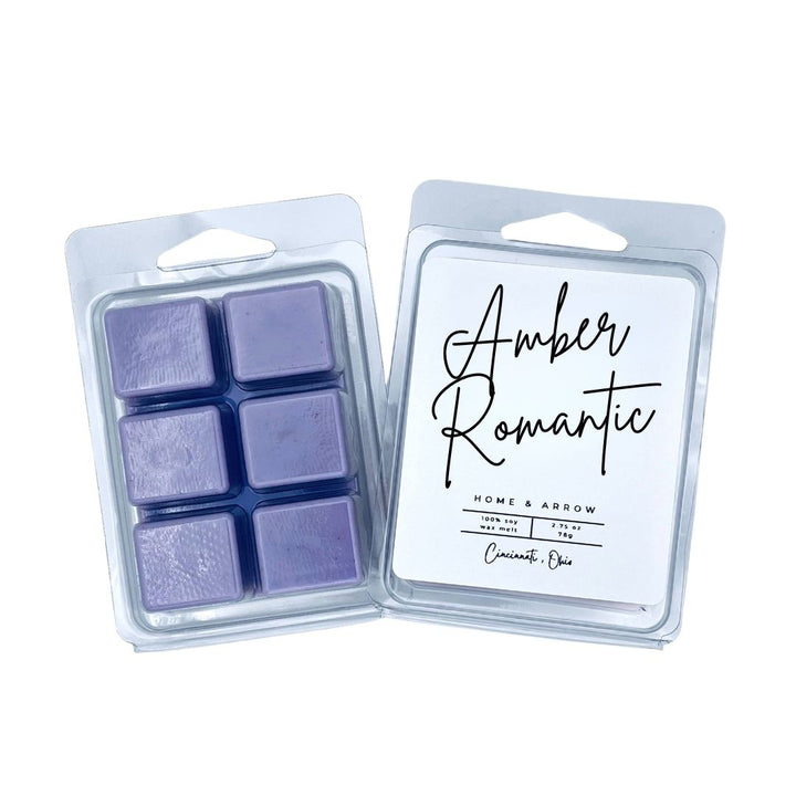 Amber Romantic purple soy wax melts in clamshell packaging on a white background from Home & Arrow based in Cincinnati, Ohio.