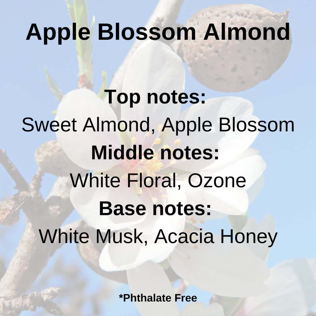 Apple Blossom Almond scent notes: sweet almond, apple blossom, white floral, ozone, white musk, and acacia honey, displayed over a blooming flower background.