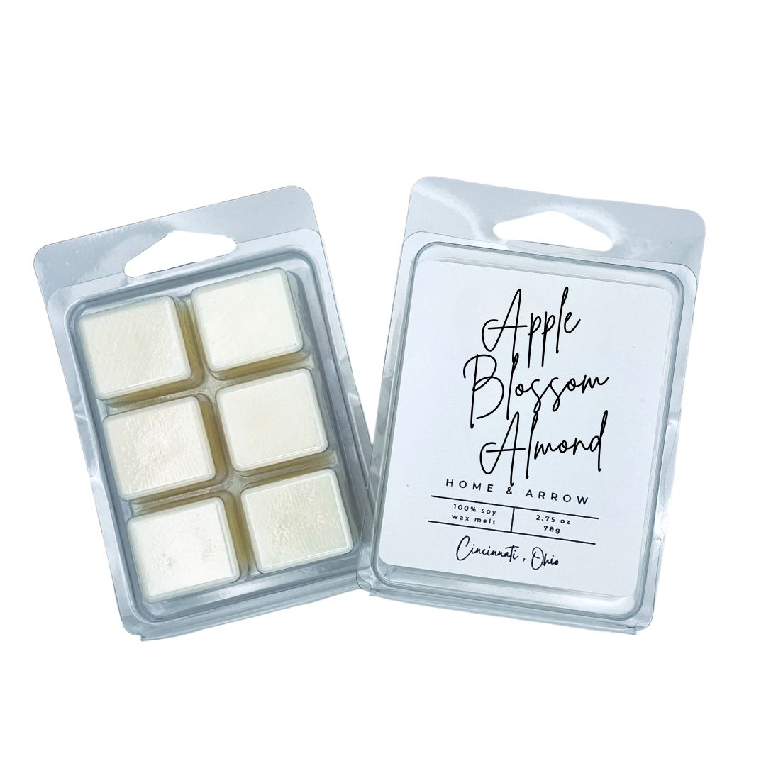 Apple Blossom Almond white soy wax melts in clamshell packaging on a white background from Home & Arrow based in Cincinnati, Ohio.