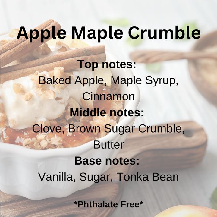 Apple Maple Crumble with ingredients and flavor notes on a white background