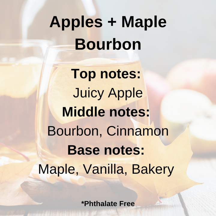 Apples + Maple Bourbon scent notes: Apple, bourbon, cinnamon, maple, Vanilla over a fall beverage background