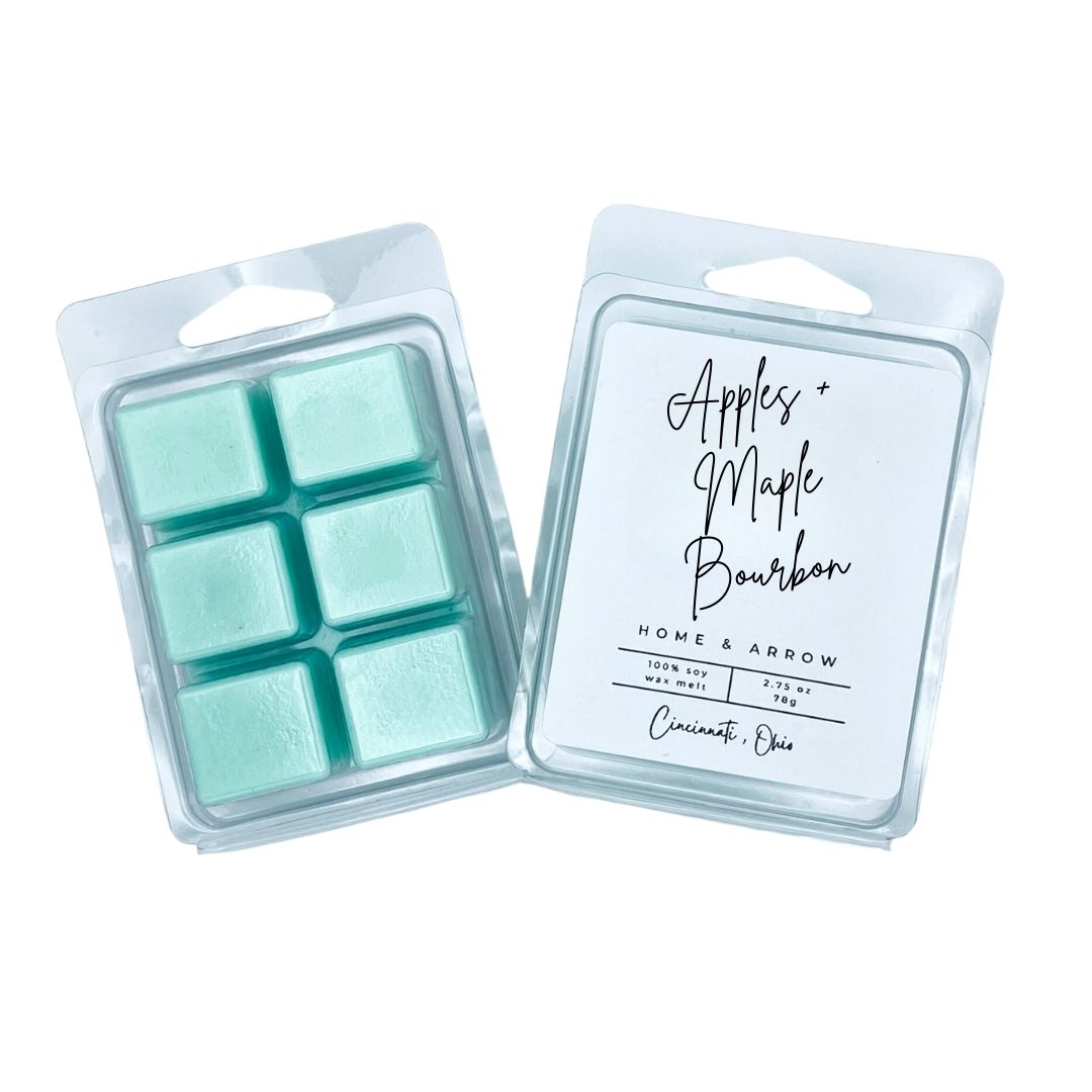 Apples + Maple Bourbon teal soy wax melts in clamshell packaging on a white background from Home & Arrow based in Cincinnati, Ohio.