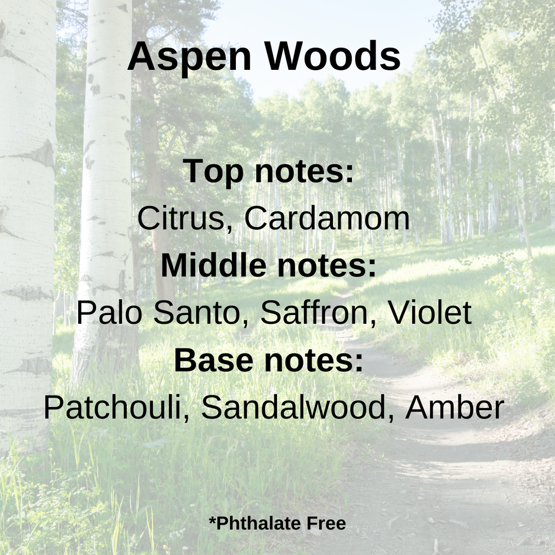 Aspen Woods scent notes: Citrus, Cardamom, Palo Santo, Saffron, Violet, Patchouli, Sandalwood and Amber displayed over a forest of Aspen trees.