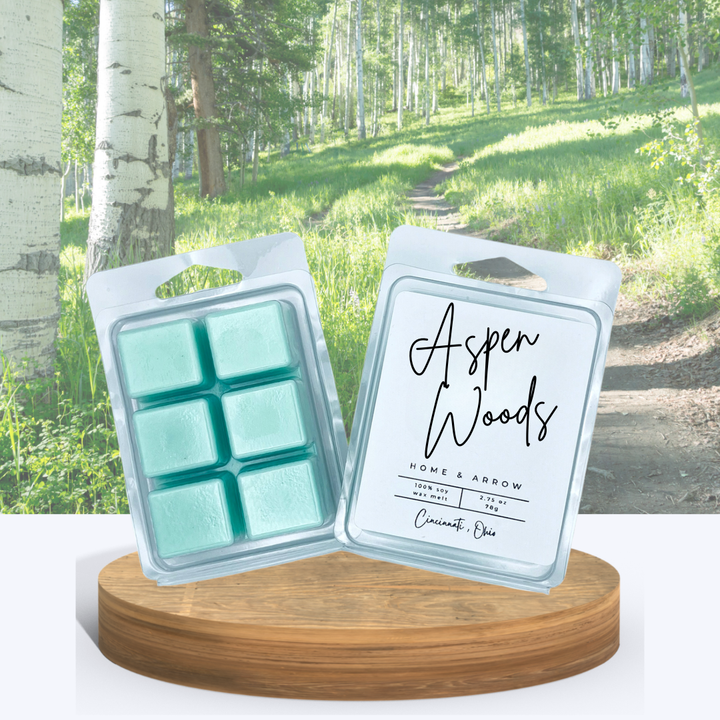 Aspen Woods green soy wax melts in clamshell packaging, displayed on a wooden stand with a scenic forest background.