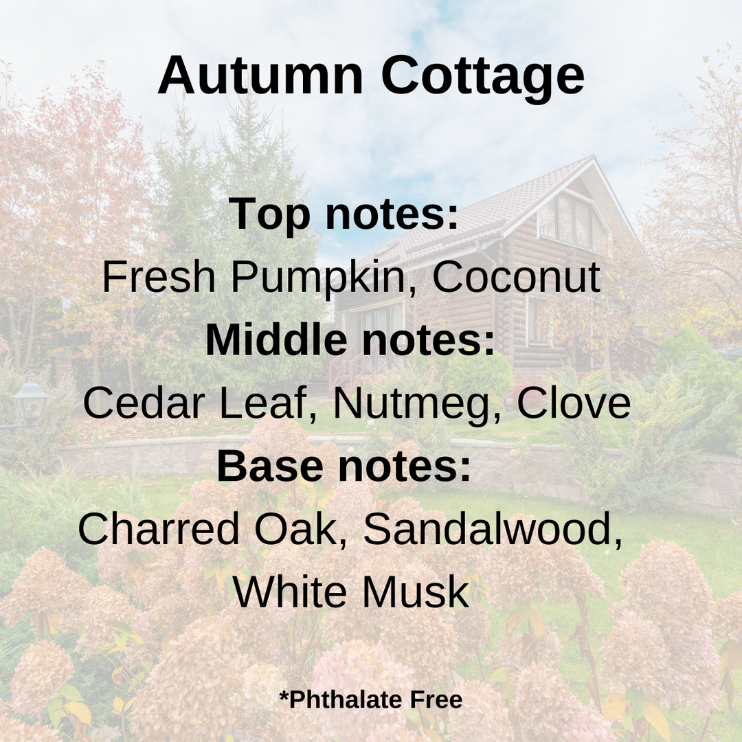 Autumn Cottage scent notes of Pumpkin, coconut, cedar, nutmeg, clove, oak, sandalwood and white musk displayed over a log cabin in the fall.