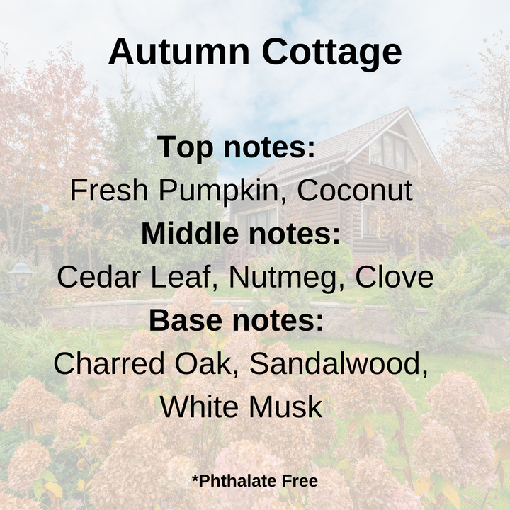 Autumn Cottage scent notes of Pumpkin, coconut, cedar, nutmeg, clove, oak, sandalwood and white musk displayed over a log cabin in the fall.