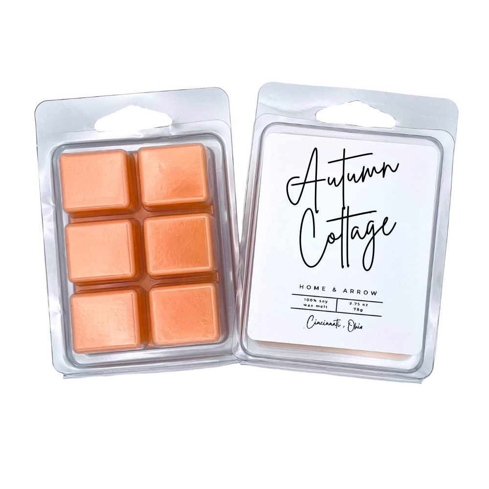 Autumn Cottage orange soy wax melts in clamshell packaging on a white background from Home & Arrow based in Cincinnati, Ohio.