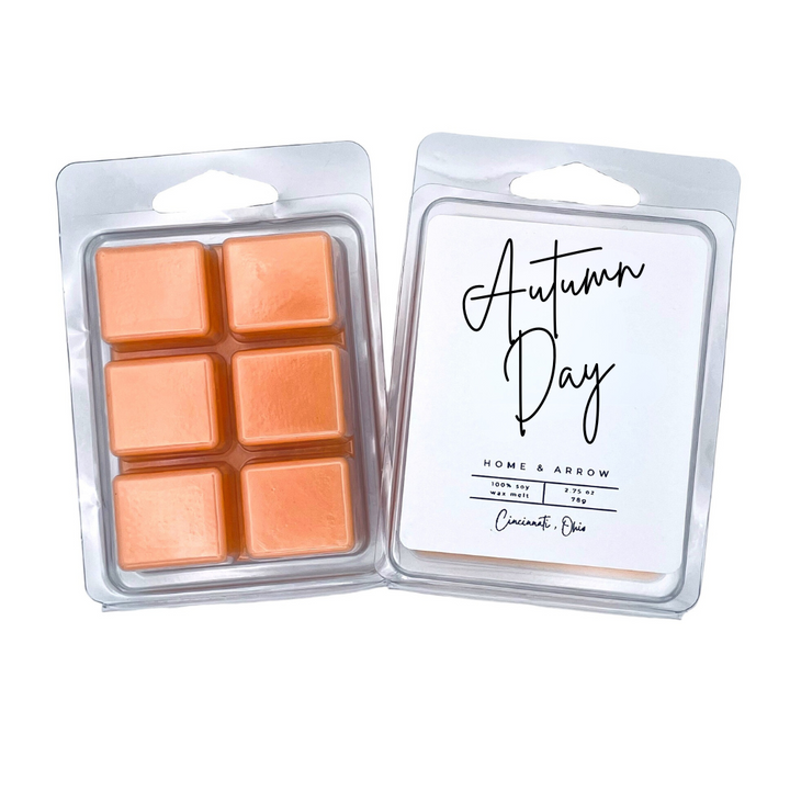 Autumn Day orange soy wax melts in clamshell packaging on a white background from Home & Arrow based in Cincinnati, Ohio.