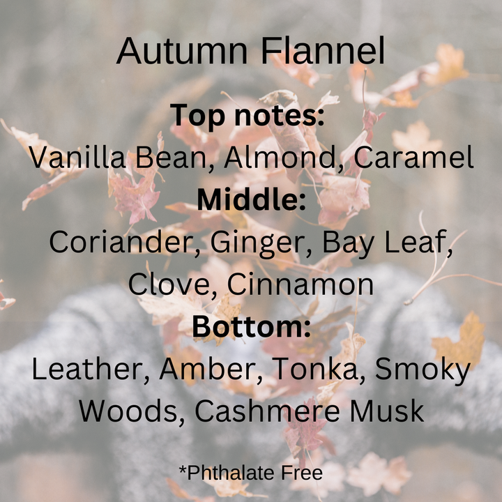 Autumn Flannel soy wax melts scent notes:  vanilla bean, almond, caramel, coriander, ginger, bay leaf, clove, cinnamon, leather, amber, tonka, smoky woods, cashmere musk over a girl in a flannel sweater and leaves falling in the background. 