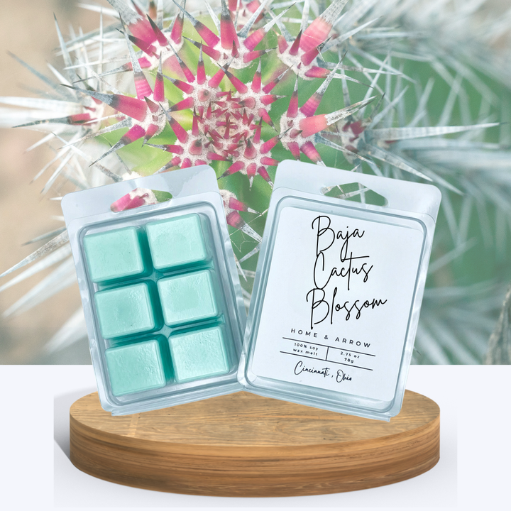 Baja Cactus Blossom soy wax melts in clamshell packaging, displayed on a wooden stand with a close-up cactus blossom background.