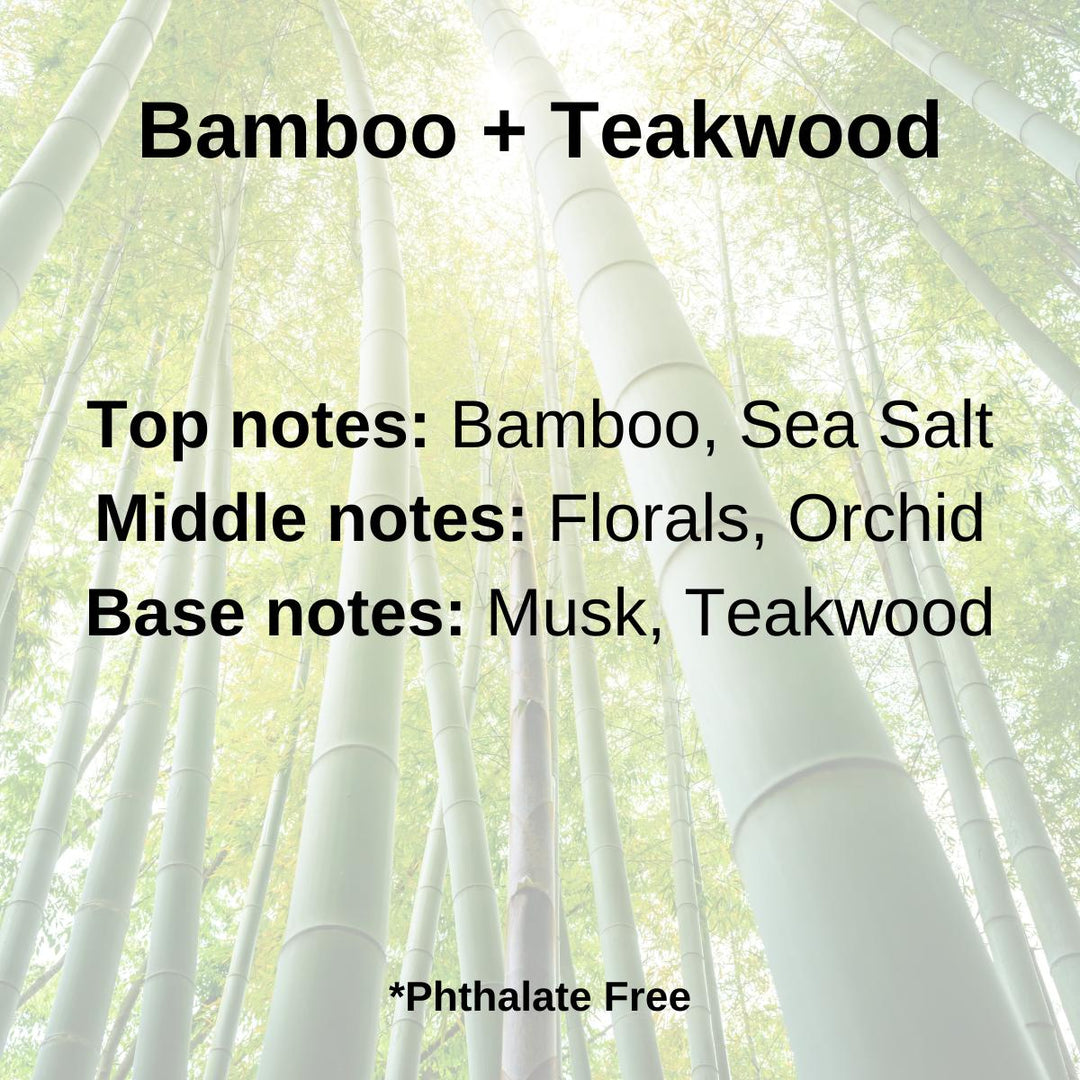 Bamboo + Teakwood scent notes of Bamboo, sea salt, florals, orchid, musk and teakwood displayed over a bamboo forest