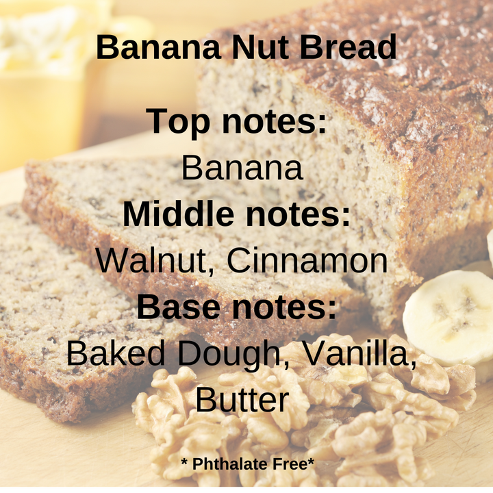 Banana Nut Bread scent notes: Banana, walnut, cinnamon, baked dough, vanilla, and butter over a cut loaf of banana bread with walnuts on the side.