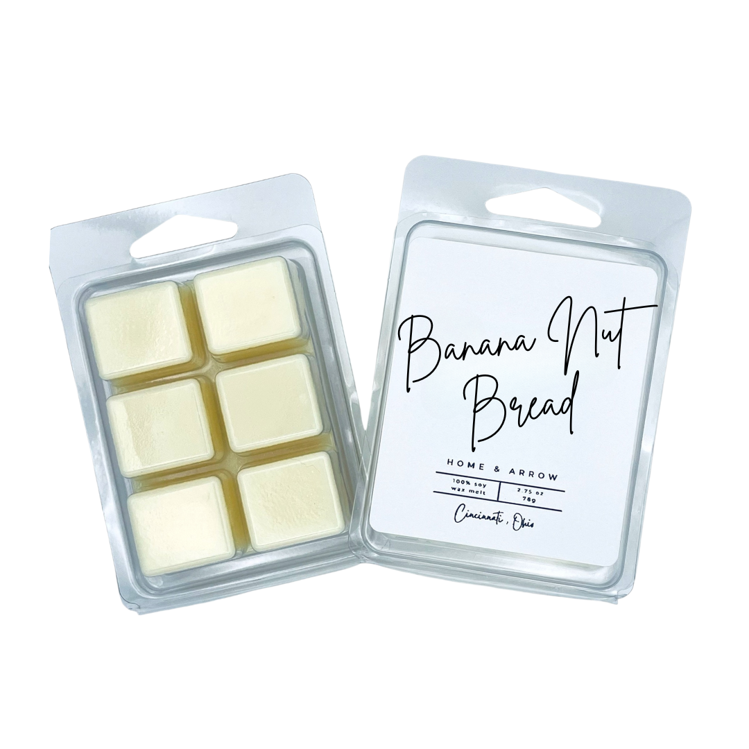 Banana Nut Bread white soy wax melt in clamshell packaging on a white background fron Home & Arrow based in Cincinnati Ohio.