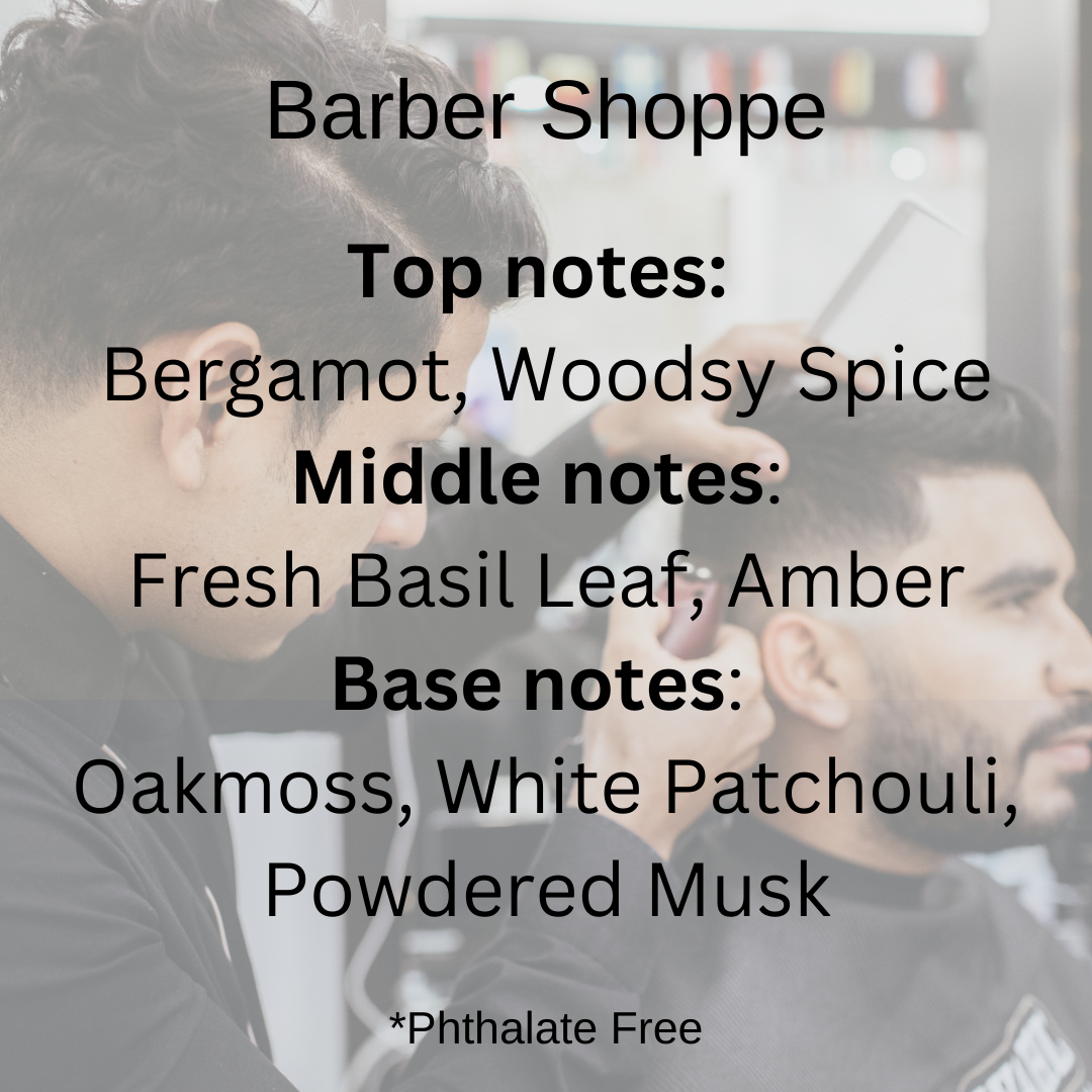 Barber Shoppe scent notes of Bergamon, spice, basil leaf, Amber, Patchouli and musk over a barber shoppe background