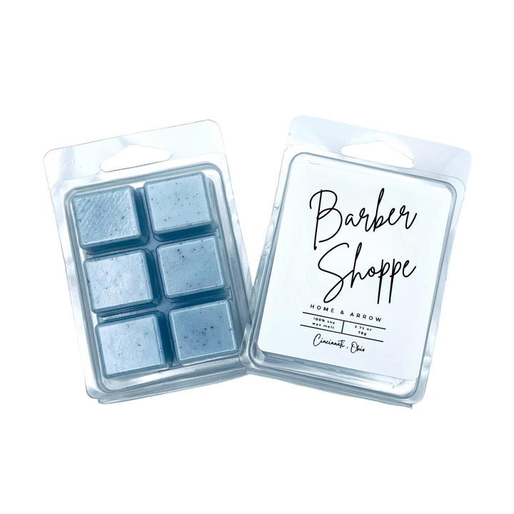 Barber Shoppe blue soy wax melts in clamsell packaging on a white background from Home & Arrow in Cincinnati, Ohio.