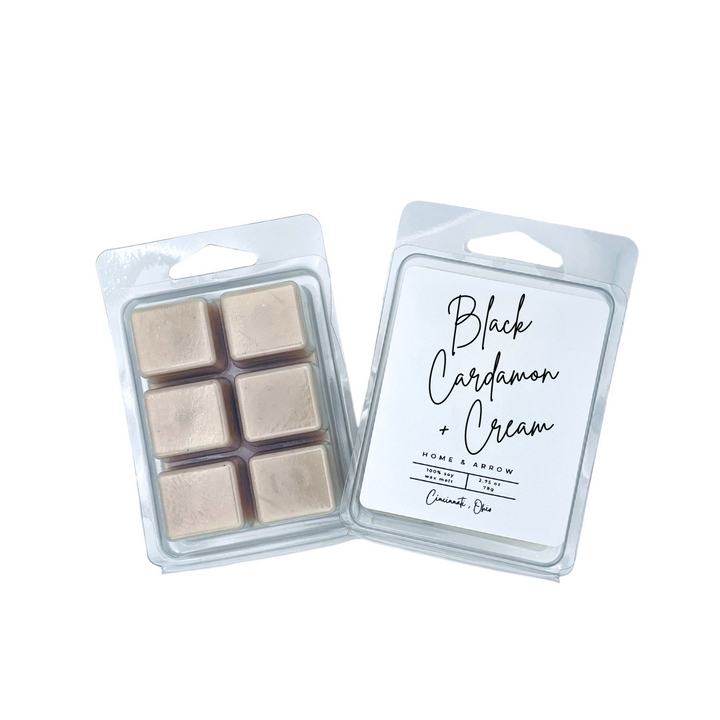 Black Cardamon + Cream tan soy wax melts in clamshell packaging on a white backround from Home & Arrow based in Cincinnati, Ohio. 