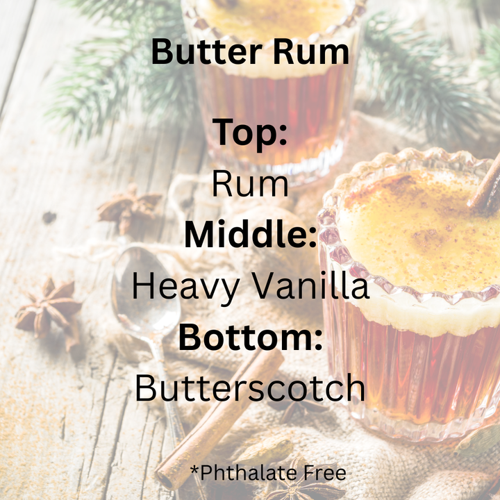 A festive graphic for Butter Rum spirit, showing two glasses of the amber-colored drink on a rustic wooden table with star anise, cinnamon sticks, and pine branches. The text outlines the flavor profile: a top of pure rum, a middle layer of heavy vanilla, and a bottom layer of butterscotch, with a note that it is phthalate free.