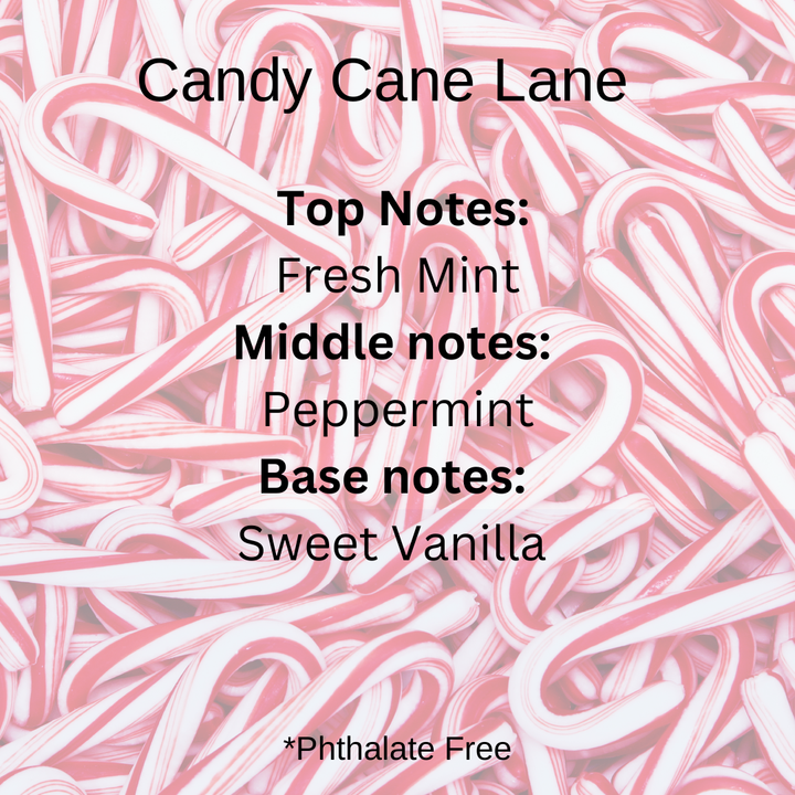 Candy Cane Lane scent notes: Fresh mint, peppermint, sweet vanilla over a pile of candy canes.