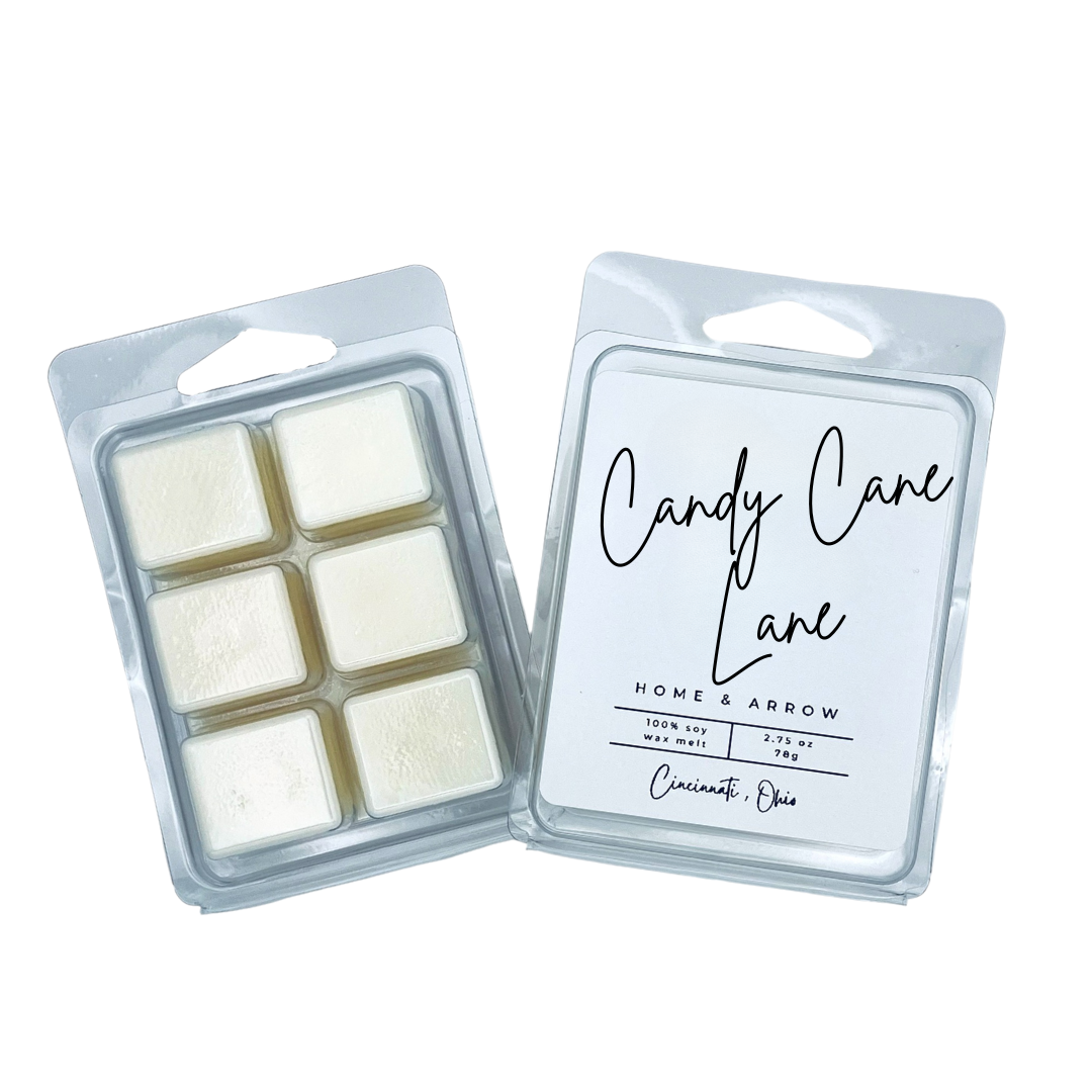 Candy Cane Lane white soy wax melt in clamshell packaging on a white background fron Home & Arrow based in Cincinnati Ohio.