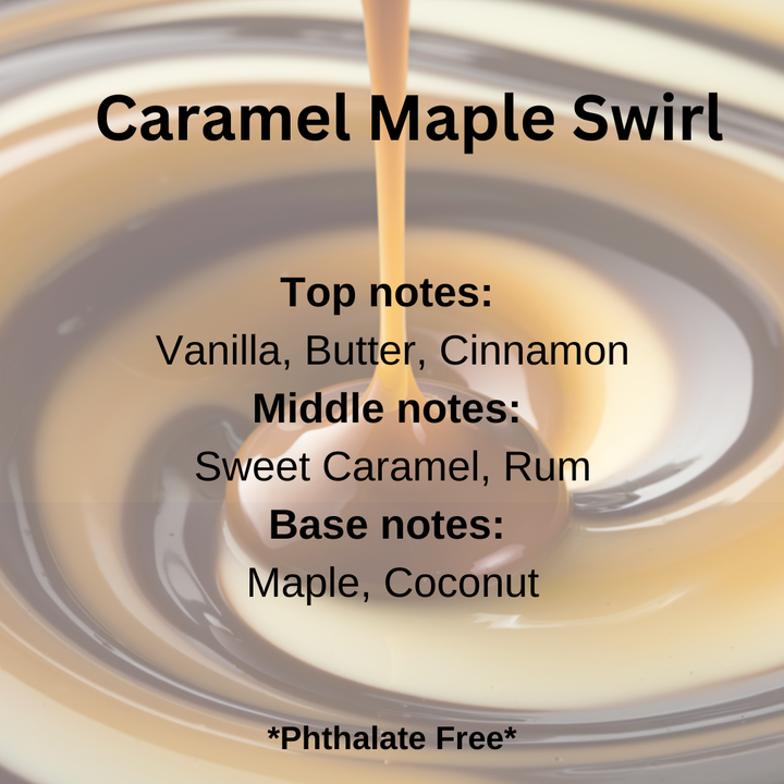 Caramel syrup being poured into a glass with flavor notes displayed.