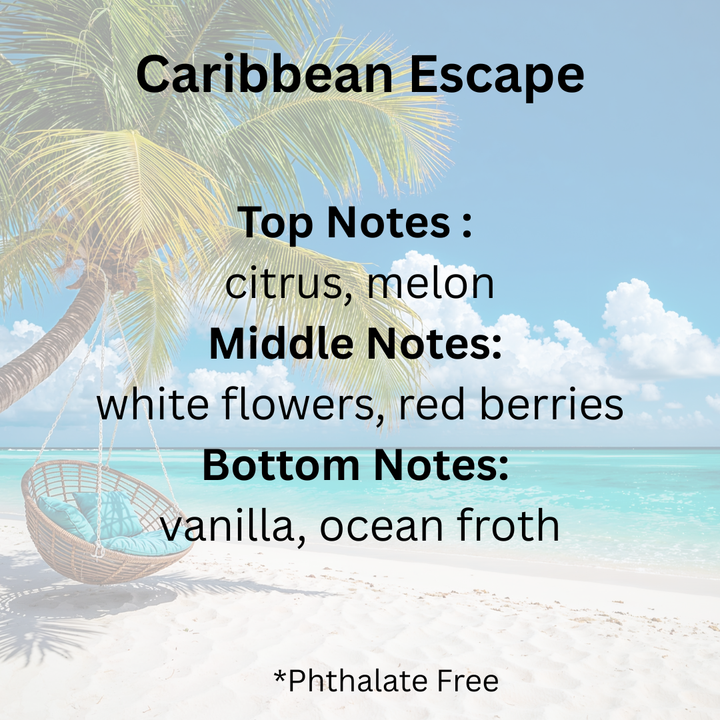 A tropical beach scene with a palm tree, white sand, blue water, and a hanging chair, overlaid with text reading 'Caribbean Escape' and notes about citrus, melon, white flowers, red berries, vanilla, and ocean froth.