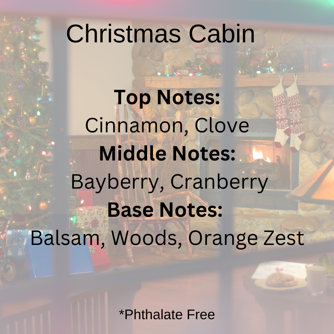 Christmas Cabin scent notes: Cinnamon, clovem bayberrym cranberry, balsam, woods, orange zest over a scene looking through a cabin window on a crackling fireplace with stockings hung and a Christmas tree with presents underneath.