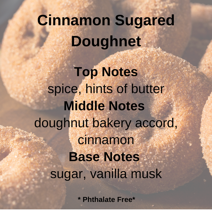 A close-up of several cinnamon sugar-coated doughnuts with the text 'Cinnamon Sugared Doughnut' and notes indicating the scent profile of the product, which includes spice, hints of butter, doughnut bakery accord, cinnamon, base notes of sugar and vanilla musk. The doughnuts are represented in the image to show the product in use.