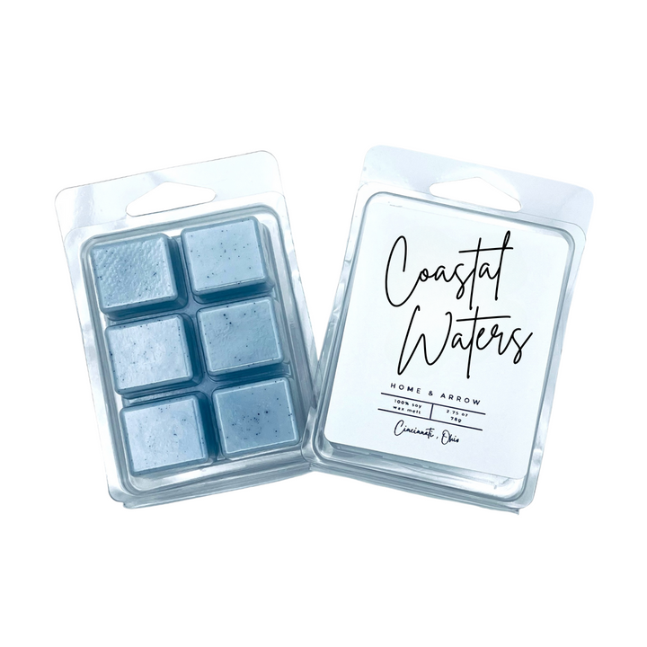 Coastal Waters blue soy wax melt in clamshell packaging on a white background from Home & Arrow based in Cincinnati Ohio.