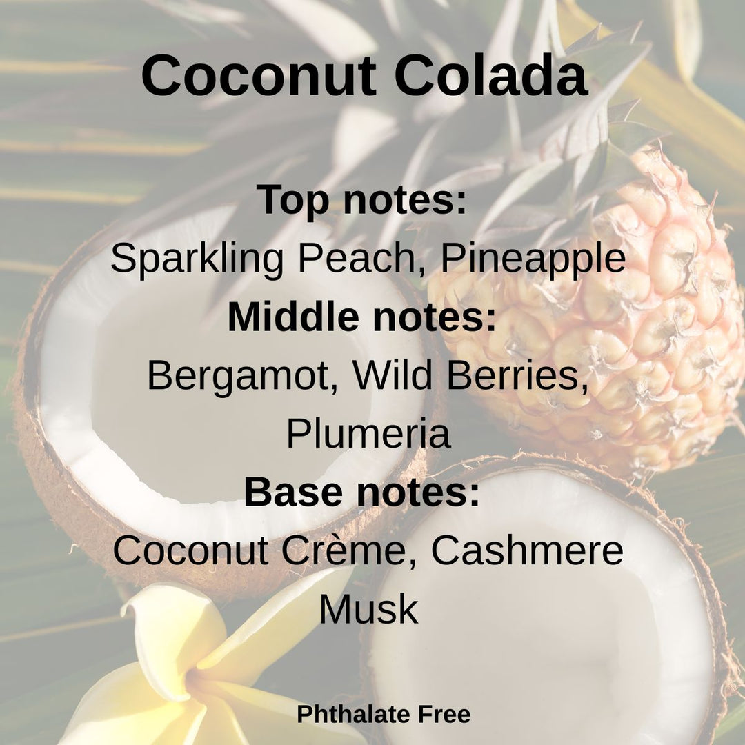 Coconut Colada flavor description with pineapple and coconut elements.
