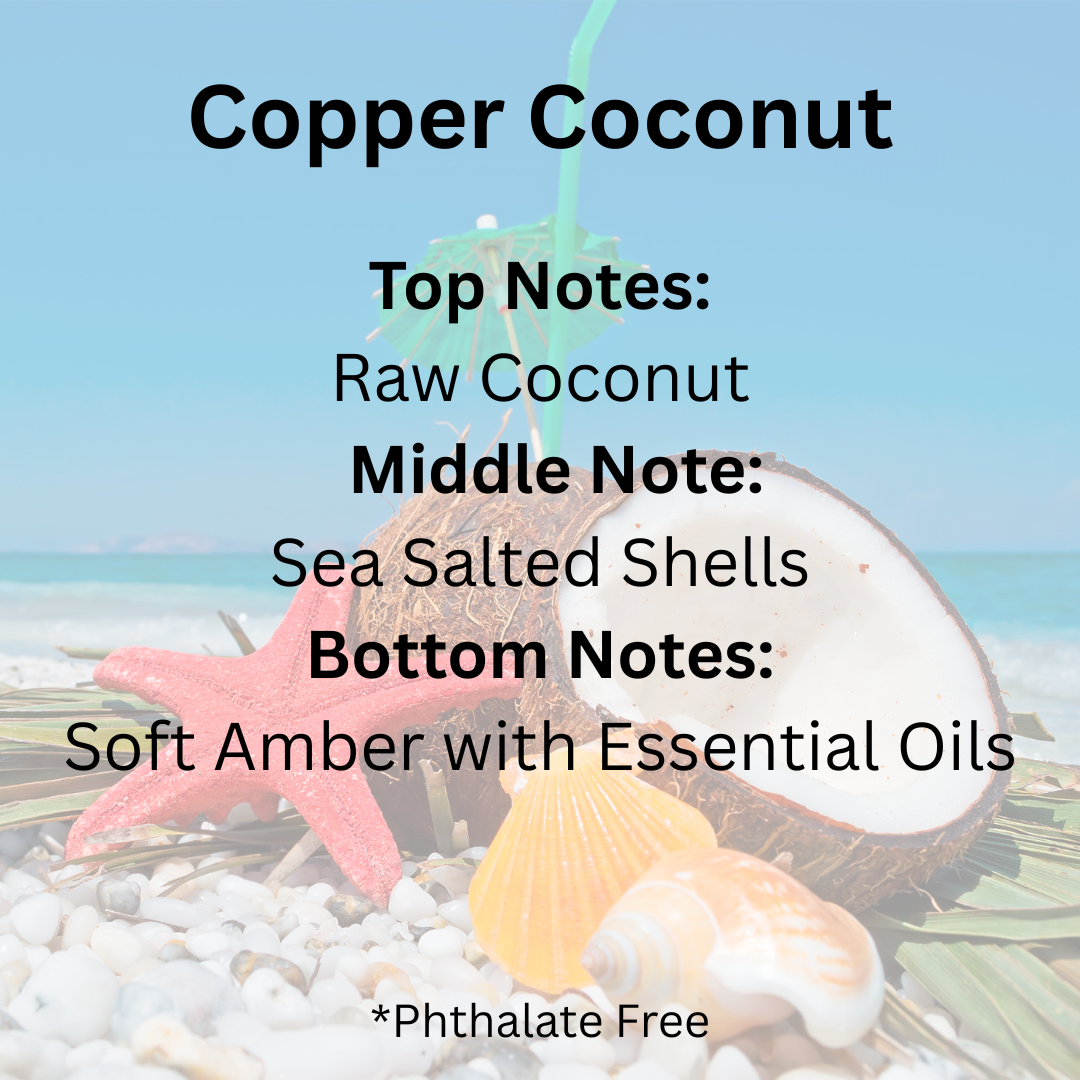 Coconut and shell with 'Copper Coconut' description and notes on a beach background