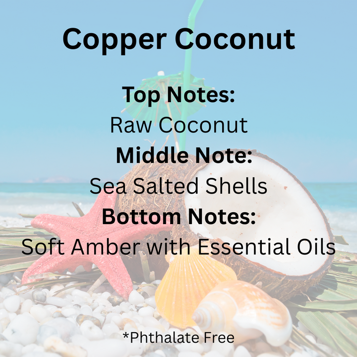 Coconut and shell with 'Copper Coconut' description and notes on a beach background